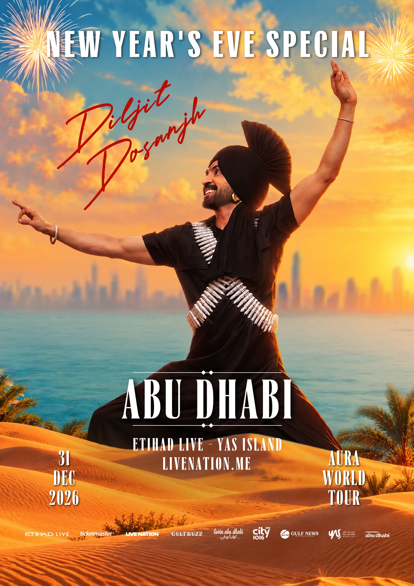 Diljit Dosanjh — New Year's Eve Special, Abu Dhabi, Etihad Live – Yas Island, 31 Dec 2026. Aura World Tour.
