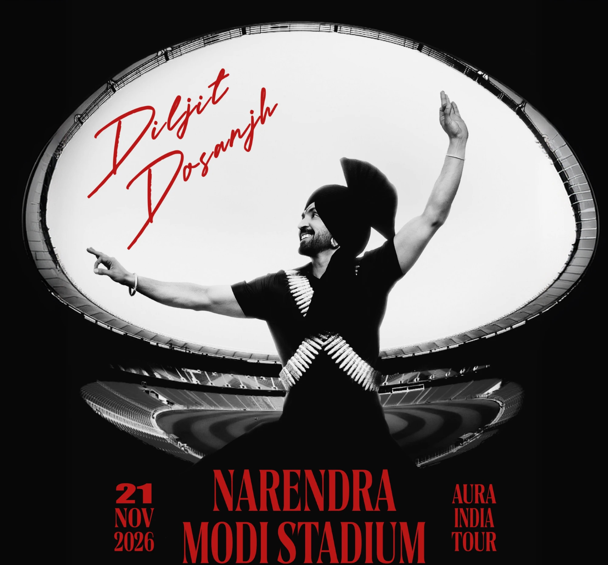 Aura India Tour poster — Diljit Dosanjh with arms outstretched inside Narendra Modi Stadium, 21 Nov 2026.