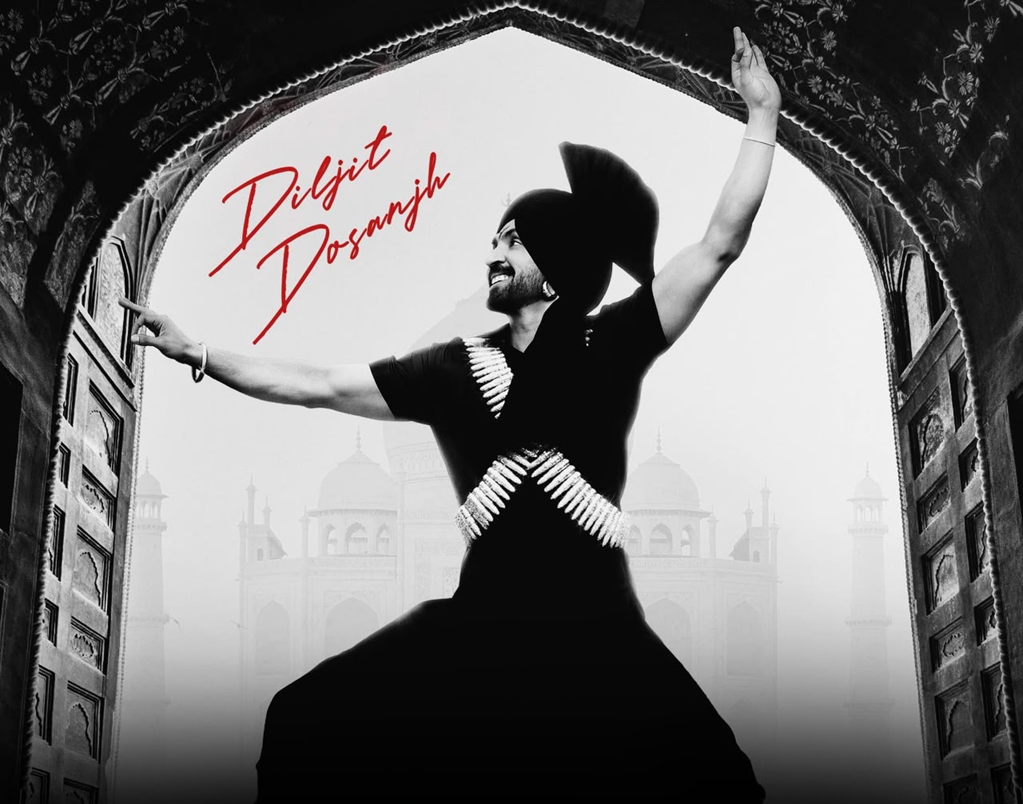 Aura India Tour artwork — Diljit Dosanjh dancing under a carved archway, the Taj Mahal in the mist behind him.